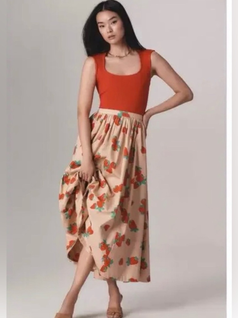 Anthropologie Maeve Poplin Printed Midi Skirt- Strawberry XL festival summer